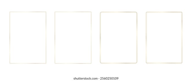 Thin linear golden rectangular frames set. Gold geometric glitter rectangle collection in art deco style. Glowing element for photo, certificate, story templates, invitations, poster. Vector