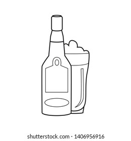 Thin linear icon of beer bottle and glass. A glass of frothy beer.
