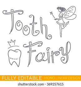 Thin linear illustration include tooth icon and little Tooth Fairy. Modern thin line logo template. Fully editable curves. Mono linear pictogram of outline symbol. Stroke vector icon concept.