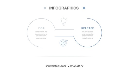 Thin linear infographics for business with icons consisting of 2 stages or options. It can be used in a presentation, on a website, chart, report