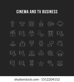 Thin linear white icons of cinema and tv business