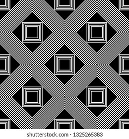 Thin linear white squares and rhombuses isolated on black background. Monochrome geometric seamless pattern. Vector flat graphic illustration. Texture.