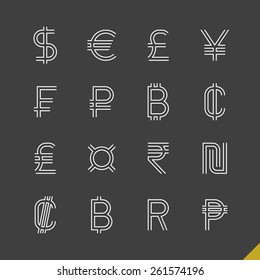 Thin linear world currency symbols icons set with baht, bitcoin, cent, colon, dollar, euro, franc, peso, pound, ruble, rupee, shekel, yen and generic currency sign vector illustration