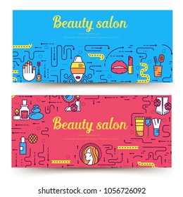 Thin lineBeauty salon with assortment vector brochure cards set.  Cosmetology template of flyear, magazines, poster, book cover, banners. Outline equipmen invitation concept