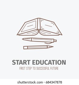 Thin lined book icon. Vector isolated on white outlined signs of opened book in front and top view.