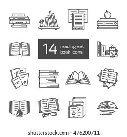 Thin lined book icons set. Vector isolated on white outlined signs of different opened and closed books in front and top view.