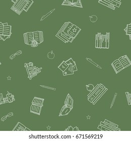 Thin lined book seamless pattern. Vector endless background with chalked outlined signs of different opened and closed books in front and top view.