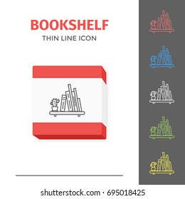 Thin lined book shelf icon. Vector isolated on white outlined sign of books on home shelf in front top view.