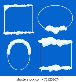 Thin lined frame collection with snow on blue background. Borders with space for text of oval and square shapes vector winter poster template. Frame festive collection with piles of white snow