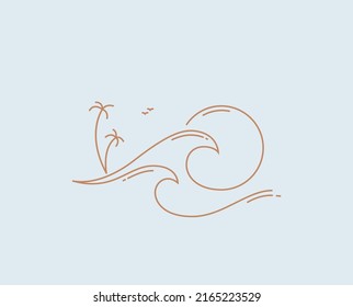 Thin lined minimalistic summer sun and ocean wave or sea tropical logo or icon design template isolated on blue background. Vector illustration