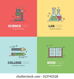 Thin lined set of logos for scientific research and education, business brand and management emblems, isolated banner concepts