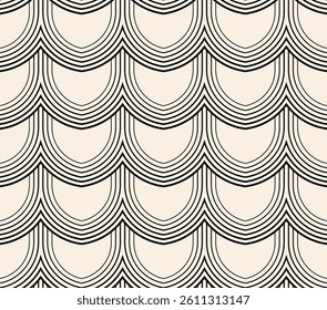 Thin lines arc vintage abstract seamless pattern. Black beige geometric pattern.