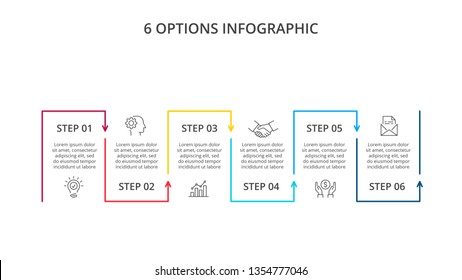 Thin lines arrows infographic with 6 options or steps.