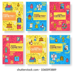 Thin lines collection icons set dedicated to funeral, death, and cemetery. Vector outline ritual attributes for life of people background. Magazine, book, poster, abstract, element.