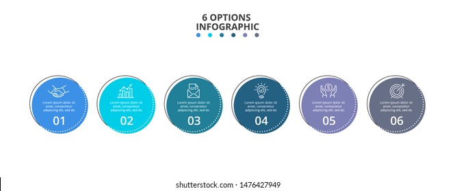 Thin lines with color circles. Six circles infographic elements. Business template for presentation.