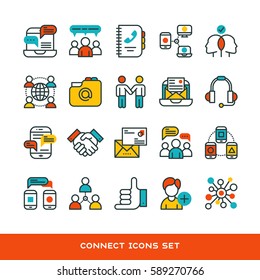 Thin lines connection icons outline set of big data center group cloud computing system internet protection password access technical instrument vector illustration.