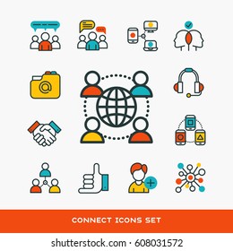 Thin lines connection icons outline set of big data center group cloud computing system internet protection password access technical instrument vector illustration.