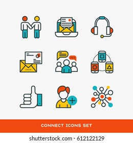 Thin lines connection icons outline set of big data center group cloud computing system internet protection password access technical instrument vector illustration.