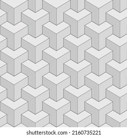 Thin Lines Cubes Seamless Isometric Pattern. Vector Tileable Background in Black and White