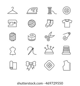 Thin lines fabric, sewing, tailor, knitting vector icons. Set of accessories for handmade hobby illustration