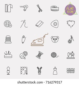Thin lines fabric, sewing, tailor, knitting vector icons. Set of accessories for handmade hobby illustration