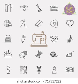 Thin lines fabric, sewing, tailor, knitting vector icons. Set of accessories for handmade hobby illustration