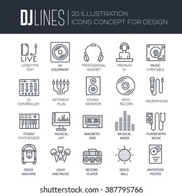 Thin lines icons of Dj staff and any equipment set. Vector music technology and accessories objects elements collection design concept