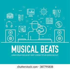 Thin lines icons of Dj staff and any equipment set. Vector music technology and accessories objects elements collection design concept