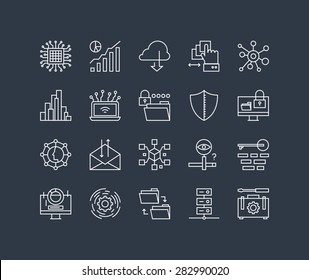 Thin lines icons set of big data center graph, cloud computing system, internet protection password access, technical instrument. Modern infographic outline vector design simple logo pictogram concept