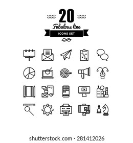 Thin lines icons set of business marketing strategy, market advertising service, brand agency production, website optimization. Modern infographic outline vector design, simple logo pictogram concept.