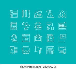 Thin lines icons set of business startup solution, company brand development, web workflow production tools, marketing services. Modern infographic outline vector design, simple logo pictogram concept