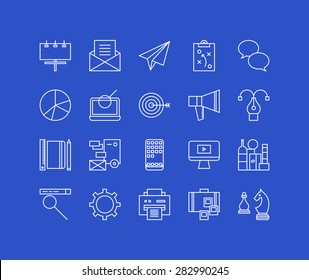 Thin lines icons set of business marketing strategy, market advertising service, brand agency production, website optimization. Modern infographic outline vector design, simple logo pictogram concept.