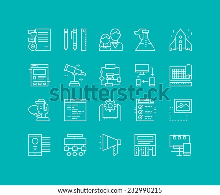 Thin lines icons set of business startup solution, company brand development, web workflow production tools, marketing services. Modern infographic outline vector design, simple logo pictogram concept