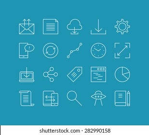 Leuchtende Linien Symbole Set von Cloud-Networking, Büro-Workflow-Objekt, globale Geschäftskommunikation, mobile Benutzeroberfläche Element. Modernes Infografik-Vektordesign, einfaches Logo-Piktogramm-Konzept.