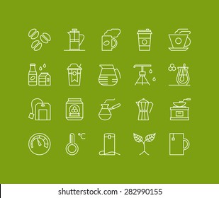 Thin lines icons set of coffee preparation process, cup of tea, hot americano to go, glass of water, hot drinks with honey. Modern infographic outline vector design, simple logo pictogram concept.