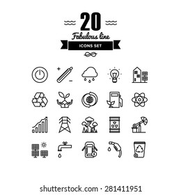 Thin lines icons set of ecology nature and environment conservation, green energy efficiency, electricity power consumption. Modern infographic outline vector design, simple logo pictogram concept.