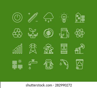 Thin lines icons set of ecology nature and environment conservation, green energy efficiency, electricity power consumption. Modern infographic outline vector design, simple logo pictogram concept.