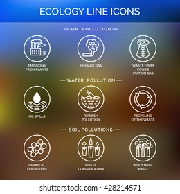 Thin lines icons set of ecology nature and environment conservation, green energy efficiency, electricity power consumption. Modern infographic outline vector design, simple logo pictogram concept. 