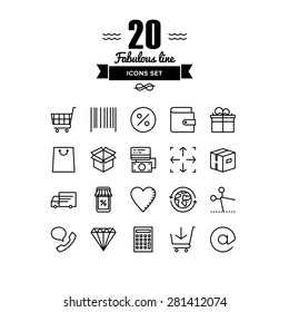 Thin lines icons set of internet shopping elements, retail store service, online shopping goods, buying product via internet. Modern infographic outline vector design, simple logo pictogram concept.