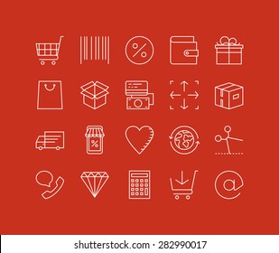 Thin lines icons set of internet shopping elements, retail store service, online shopping goods, buying product via internet. Modern infographic outline vector design, simple logo pictogram concept.