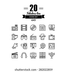 Thin lines icons set of multimedia and presentation objects, audio records, video clips, gaming and various media elements. Modern infographic outline vector design, simple logo pictogram concept.