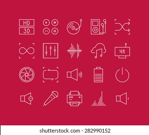 Thin lines icons set of multimedia interface elements, power button, audio and video menu info graphic, media speaker settings. Modern infographic outline vector design, simple logo pictogram concept.