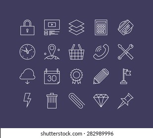 Thin lines icons set of necessary business equipment, office essential tools, desk accessories and supply, workflow utensils. Modern infographic outline vector design, simple logo pictogram concept.