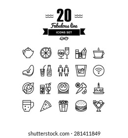 Thin lines icons set of restaurant food and beverages, cafe menu items, popular healthy and various fast-food culinary object. Modern infographic outline vector design, simple logo pictogram concept.