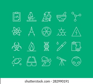 Líneas finas de iconos conjunto de experimentos científicos, pruebas del genoma de la biotecnología, vida alienígena de la investigación de materiales peligrosos. Diseño vectorial de contorno infográfico moderno, concepto de pictograma de logotipo simple.