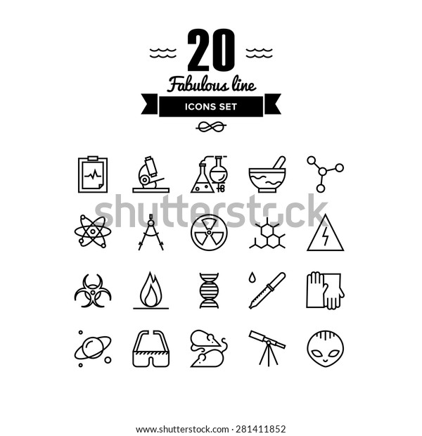 Thin lines icons set of scientific experiments,\
bio technology genome testing, alien life form hazardous materials\
research. Modern infographic outline vector design, simple logo\
pictogram concept.