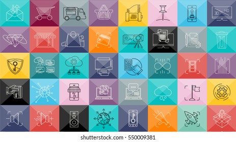 Thin lines icons set with stylish colors of web design objects, business, office and marketing items. Easy editable for Your design. 