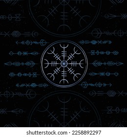 Thin lines Scandinavian viking helm of Awe symbol isolated on dark background. Grunge old sign for different designs and patterns