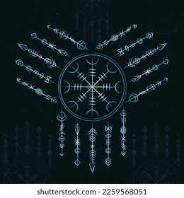 Thin lines Scandinavian viking true vegvisir symbol isolated on dark background. Grunge old sign for different designs and patterns