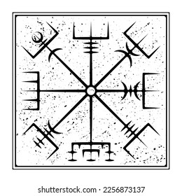 Thin lines Scandinavian viking vegvisir symbol isolated on white background. Grunge old sign for different designs and patterns